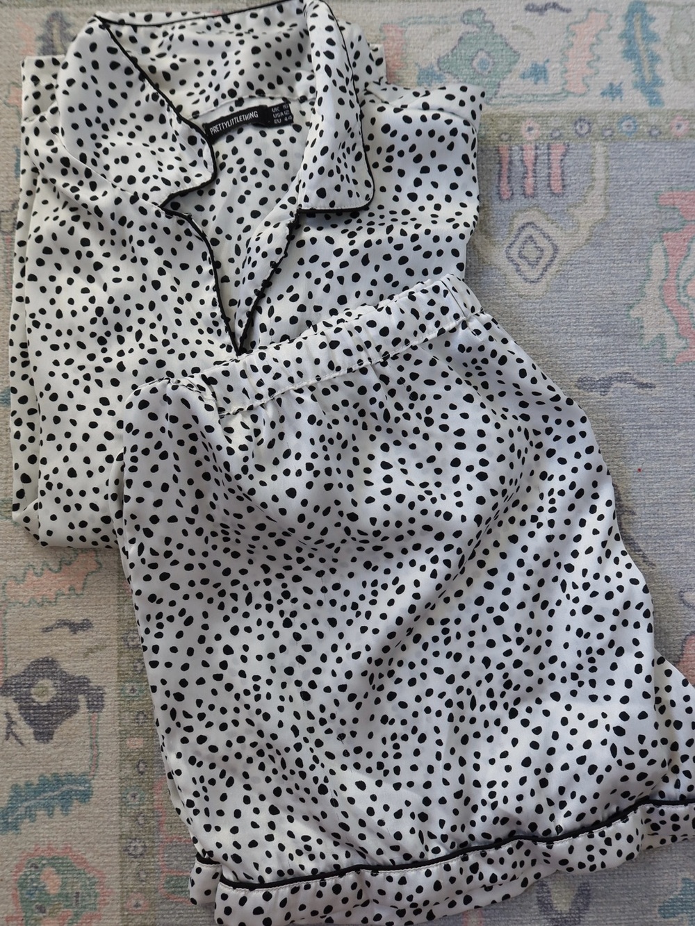 PrettyLittleThing White and Black Dalmatian Spot Satin Pajama Set